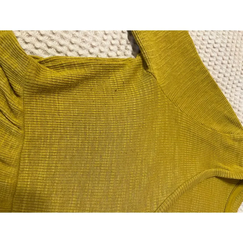 Anthropologie T.La V Neck Ribbed Babydoll Long Sleeve Top Citron Yellow Green XS - Picture 7 of 15